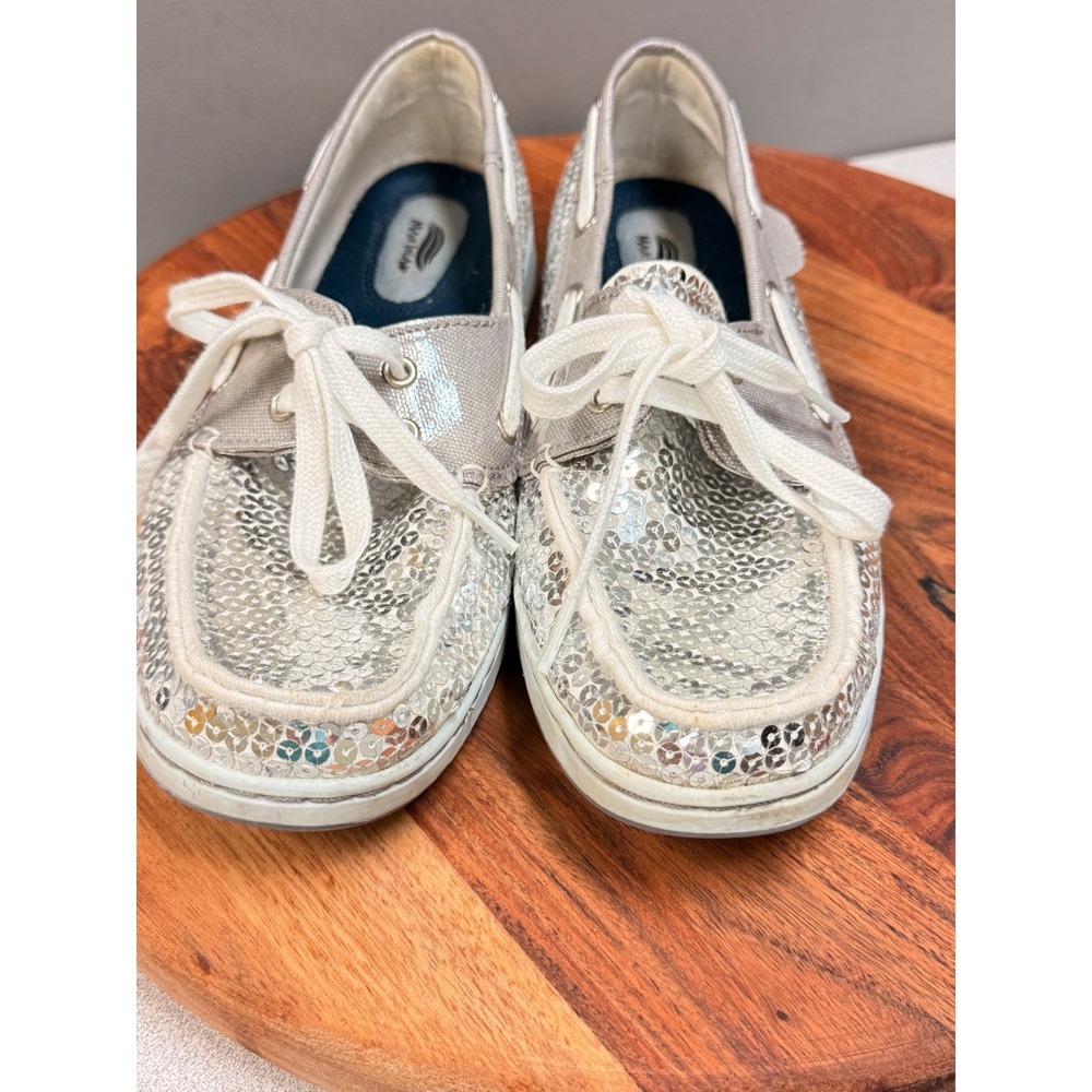 Maui Island Womens Silver‎ Sequin Boat Shoes Flats Sparkle Slip On Loafers